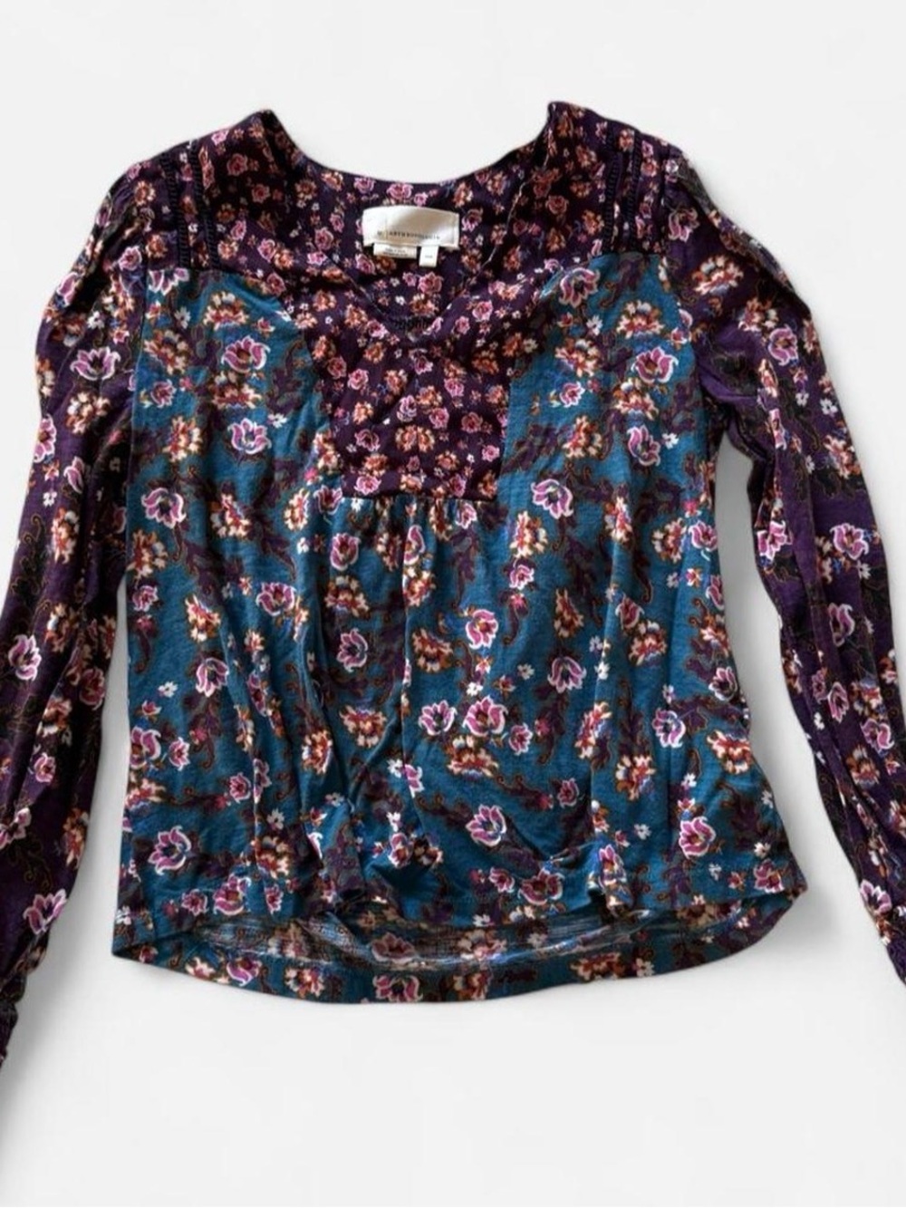 Anthropologie Floral Mixed-Print Long Sleeve Top - Teal & Purple